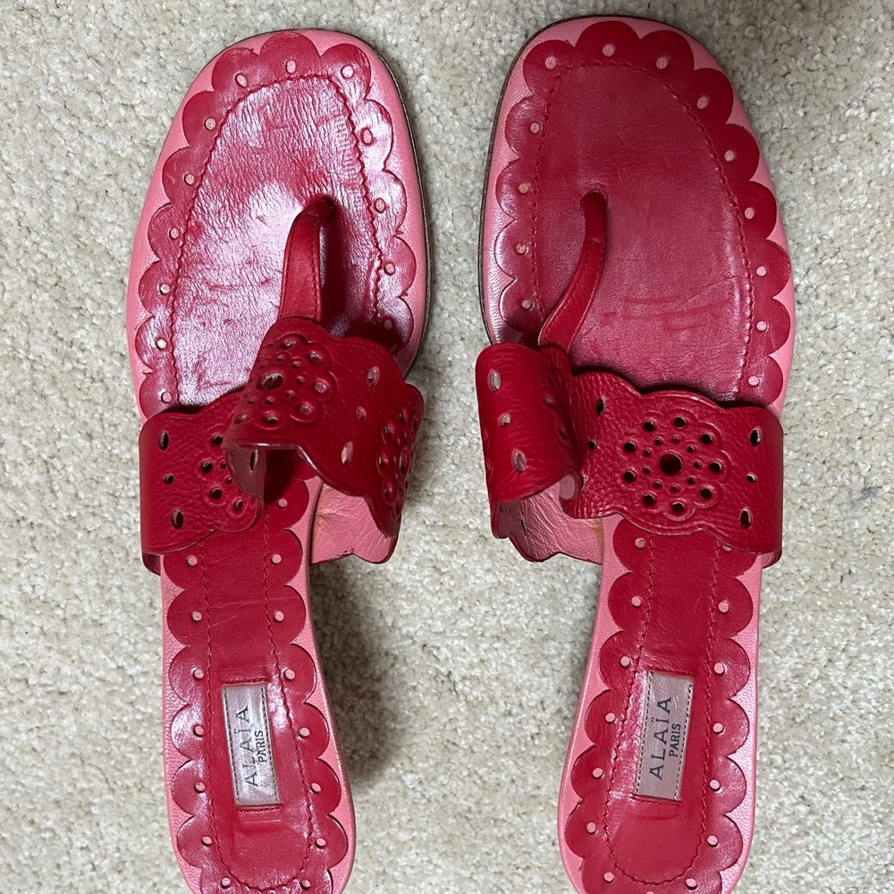 Alaia Red Scalloped Leather Sandals